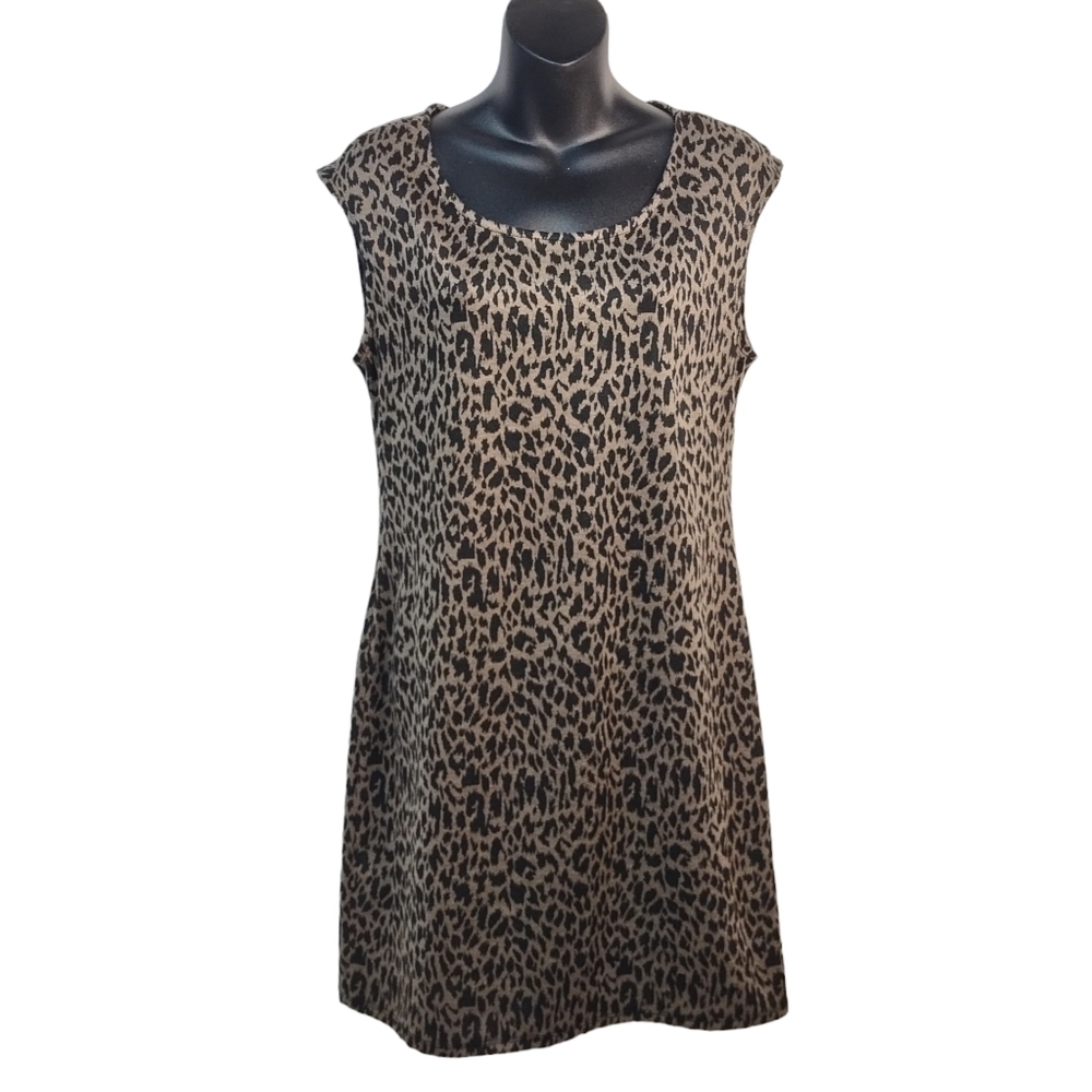 Nine West Women's Black Brown Leopard Print Thin Knit Sleeveless Dress Sz M NWT